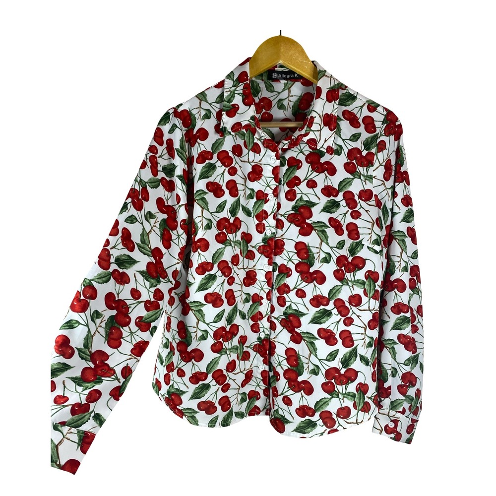 Allegra K Womens Cherry Print Button Down Shirt White Red Long Sleeve Size M